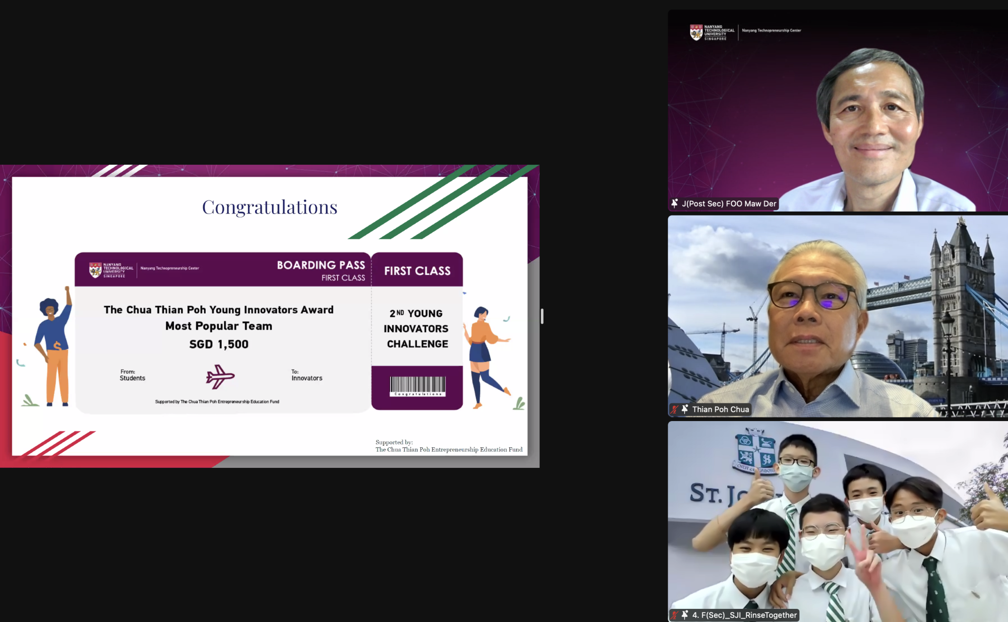 Virtual award ceremony showing a congratulations boarding pass slide and three video call participants including students in masks.